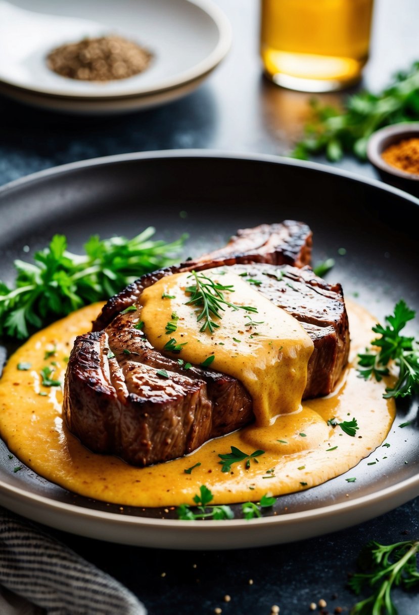 A sizzling steak in a rich, creamy sauce, surrounded by fresh herbs and spices on a stylish plate