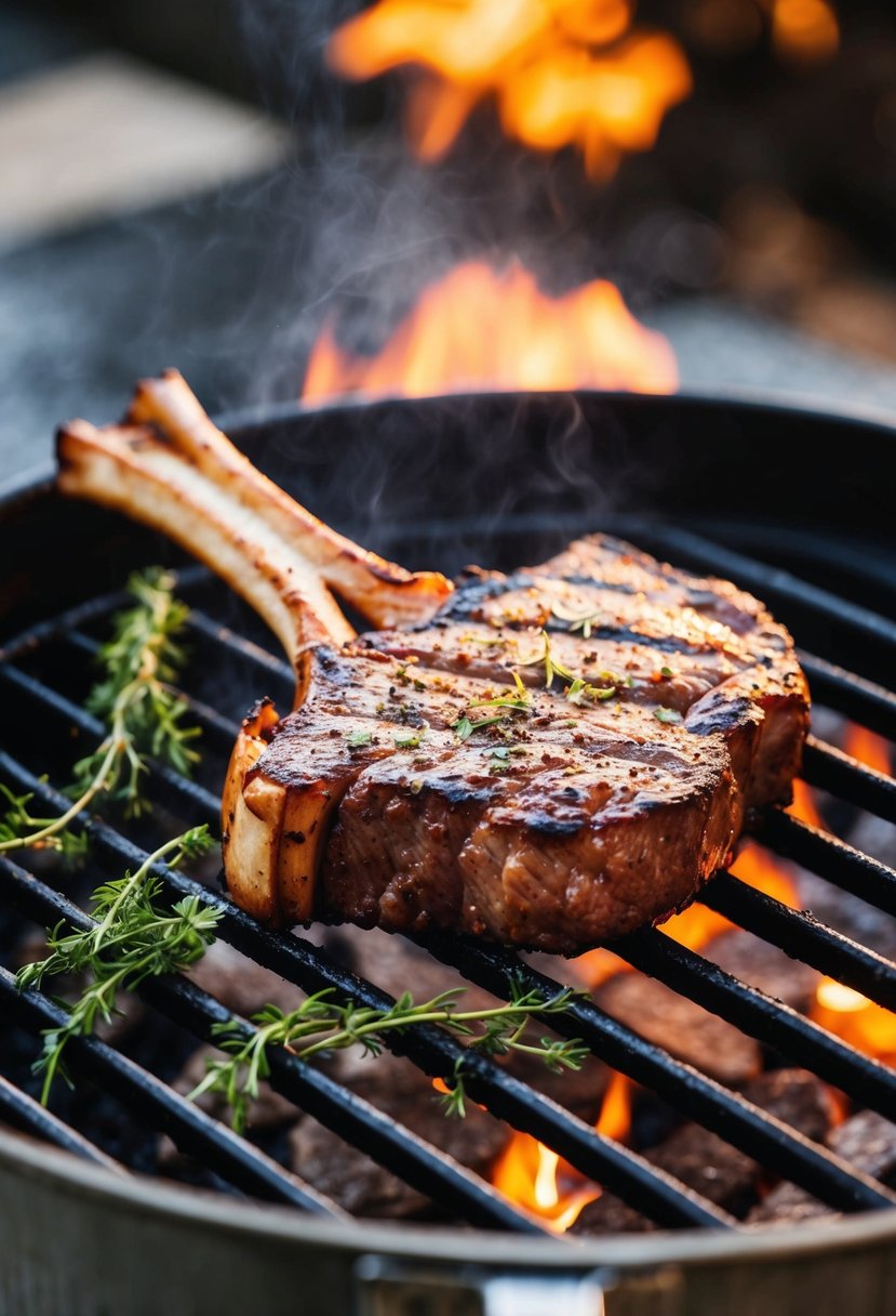 A sizzling cowboy ribeye steak with bone on a hot grill, surrounded by herbs and spices