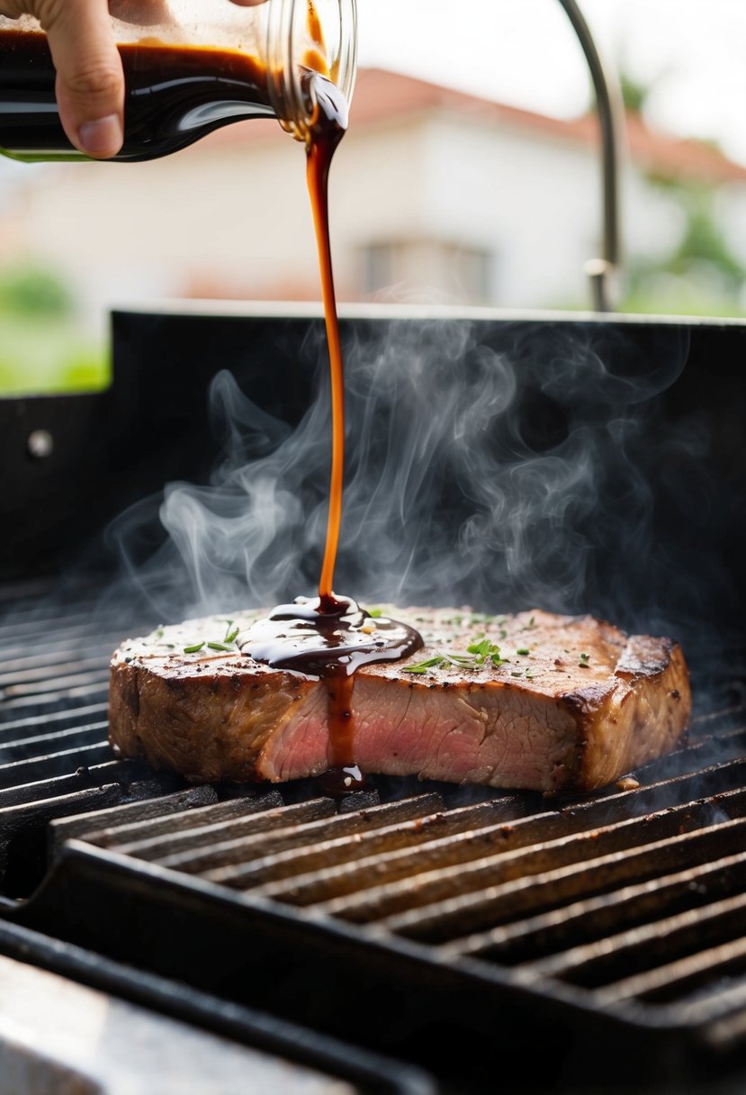 A sizzling sirloin steak drizzled with balsamic sauce on a hot grill. Steam rises as the meat cooks, with a hint of charred marks