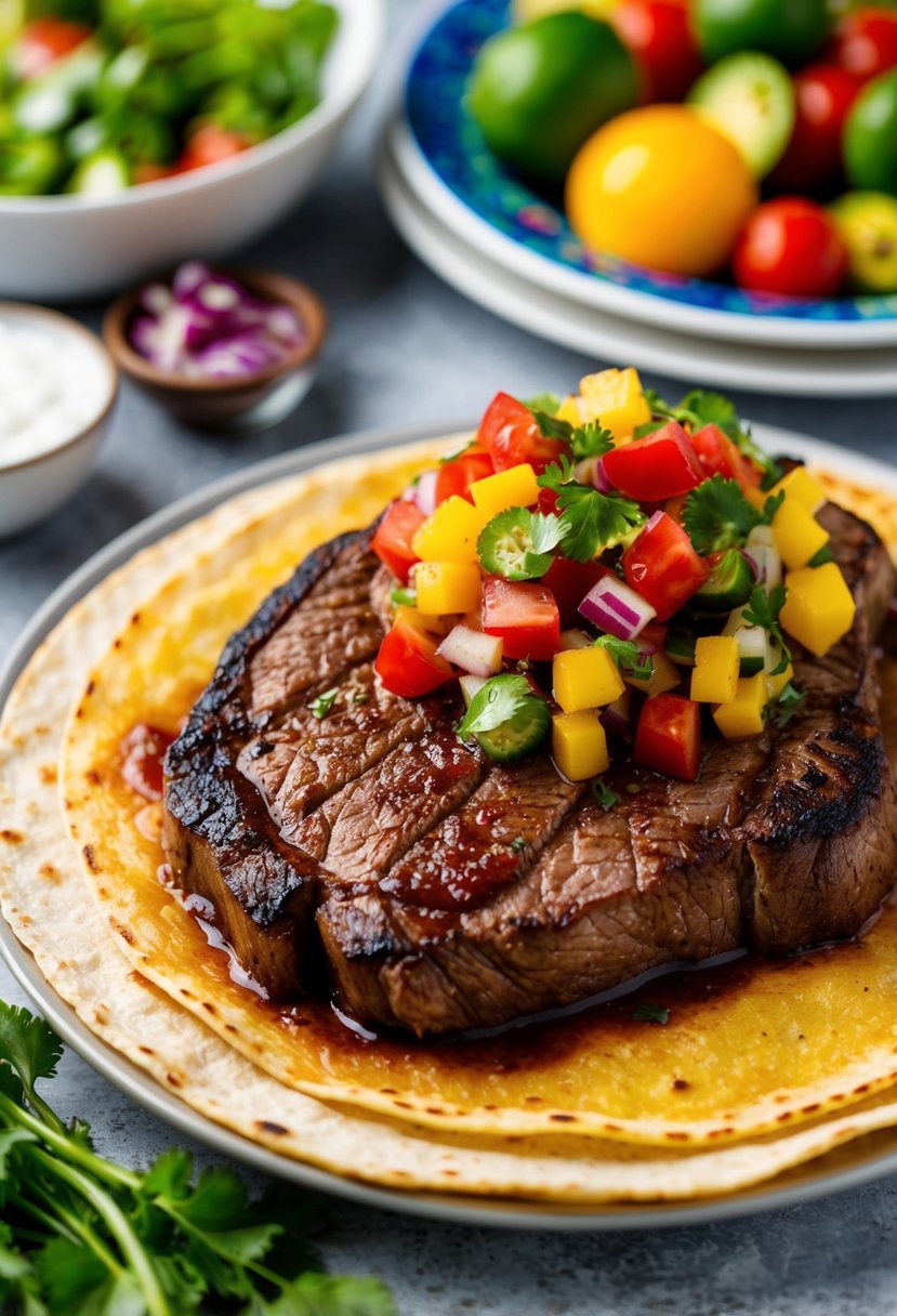 A sizzling flank steak, topped with vibrant salsa, rests on a warm tortilla beside a colorful array of fresh ingredients