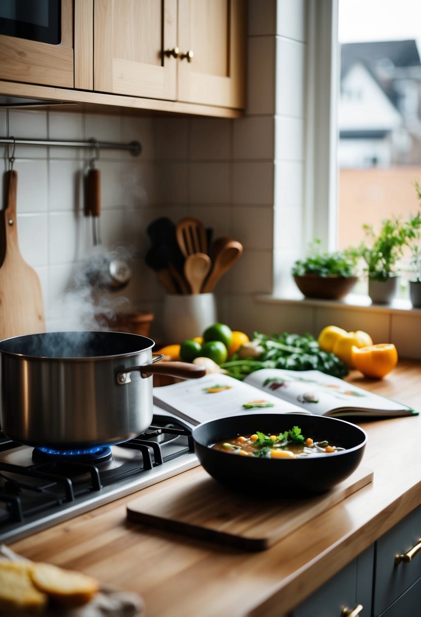 A cozy kitchen with a pot simmering on the stove, fresh ingredients on the counter, and a cookbook open to a recipe