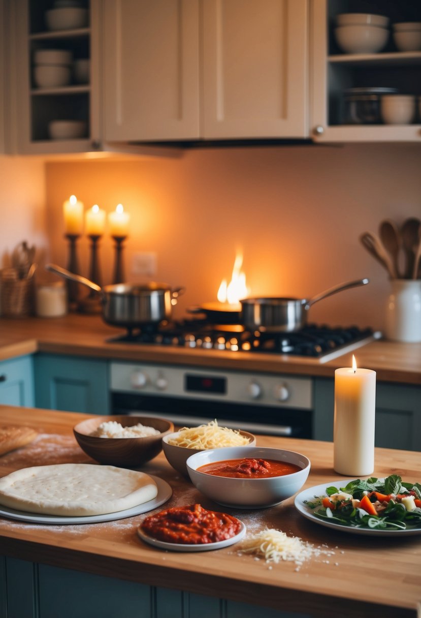 A kitchen counter with ingredients for homemade pizza, including dough, sauce, cheese, and assorted toppings, set against a cozy backdrop with a warm oven and flickering candlelight