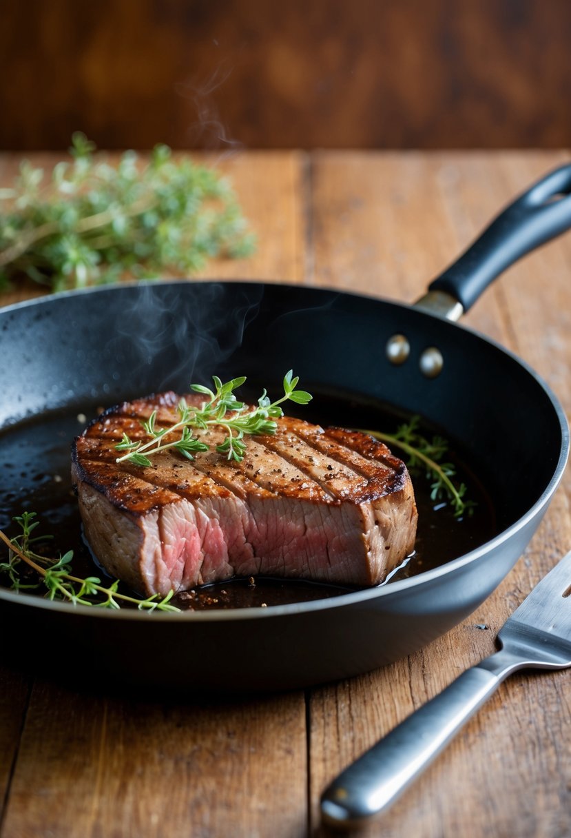 A sizzling filet mignon steak sizzling in a skillet with sprigs of fresh thyme and a golden-brown sear