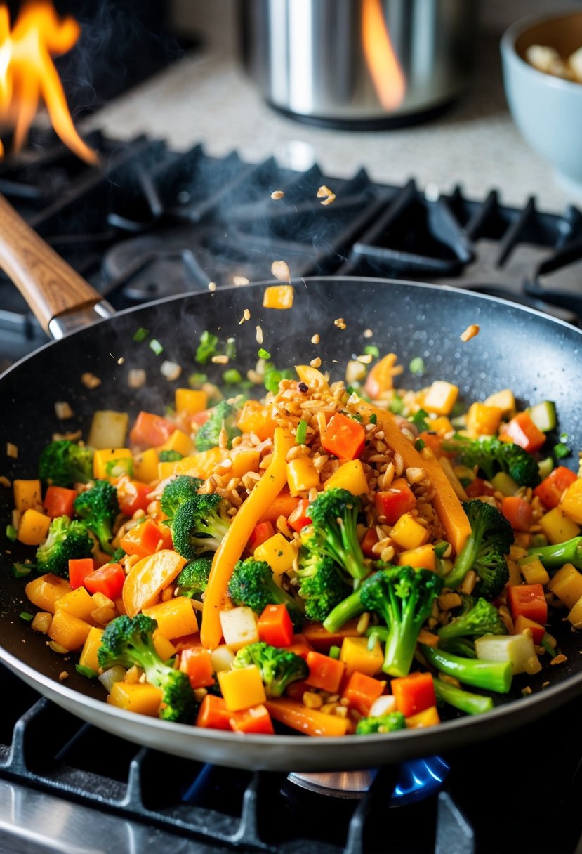 A sizzling stir-fry pan filled with colorful seasonal veggies being tossed and cooked over a high flame