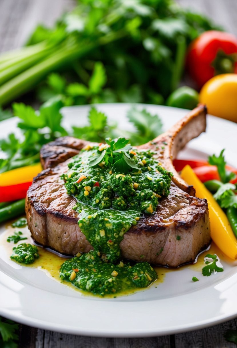 A sizzling T-Bone steak topped with vibrant green chimichurri sauce on a white plate, surrounded by fresh herbs and colorful vegetables