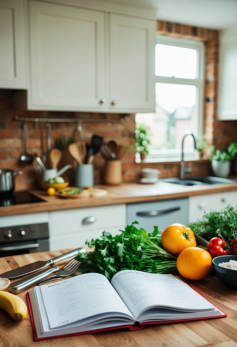 A cozy kitchen with fresh ingredients, utensils, and a recipe book open on the counter