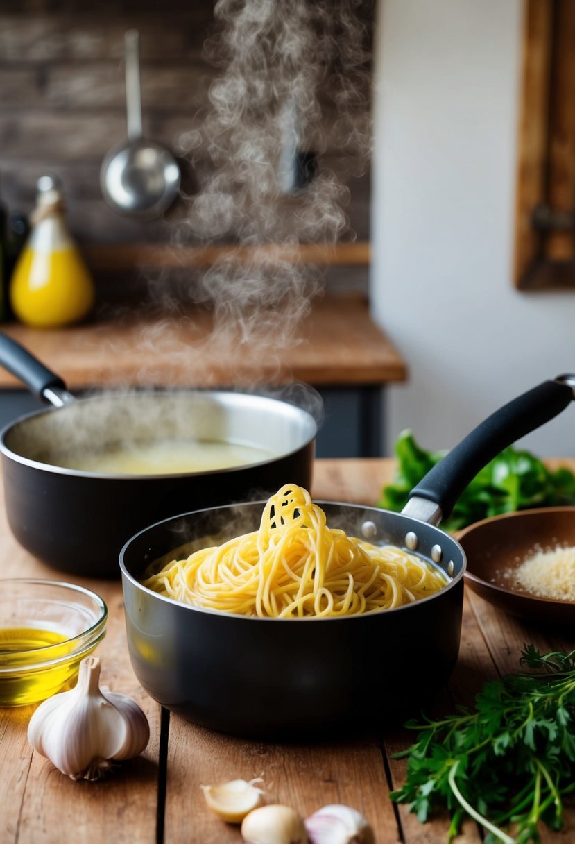 A rustic kitchen scene with a wooden table, a pot of boiling spaghetti, a pan of sizzling garlic and olive oil, and fresh ingredients on the counter