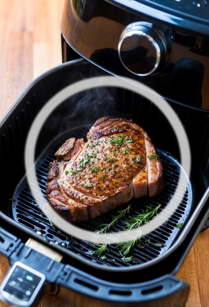 A sizzling porterhouse steak, seasoned with fresh herbs, cooks inside an air fryer. The steak is surrounded by a halo of steam and the aroma of savory herbs fills the air