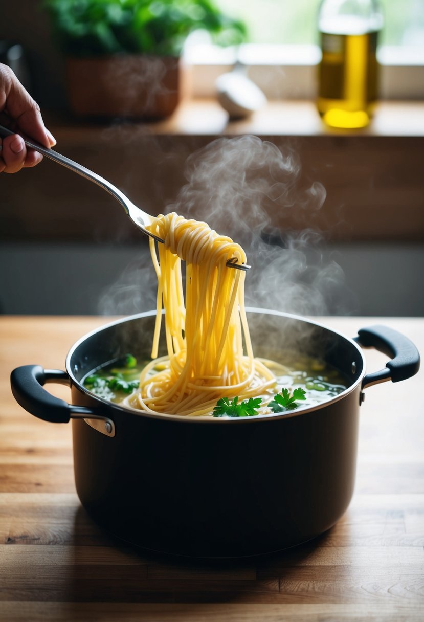 A pot of boiling spaghetti with garlic, olive oil, and parsley on a wooden kitchen counter