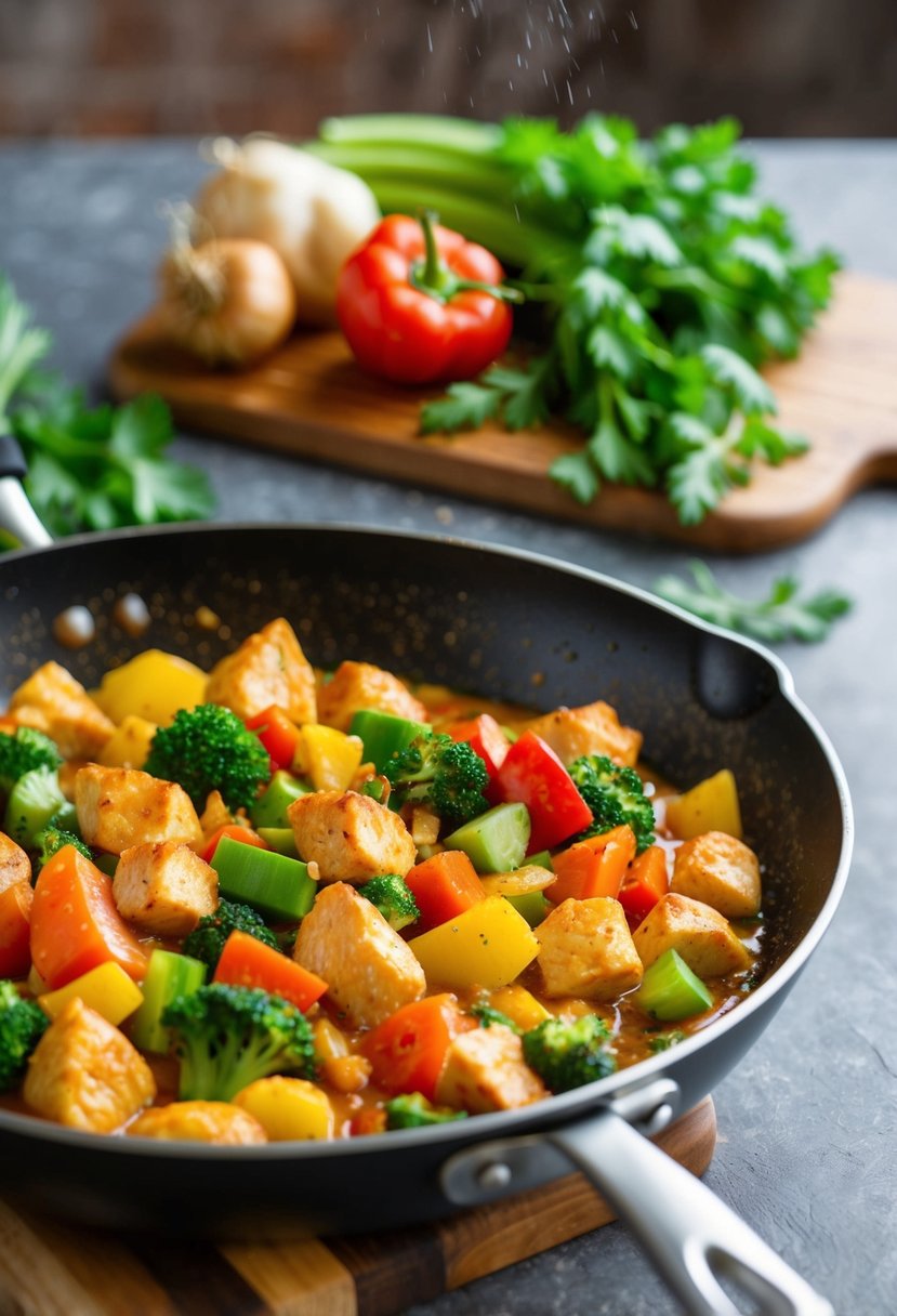 A sizzling skillet with colorful vegetables and chunks of chicken being tossed together in a flavorful sauce