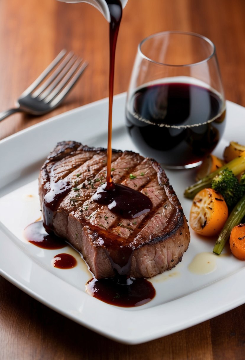 A sizzling New York strip steak on a white plate, drizzled with a rich red wine jus, served with a side of roasted vegetables