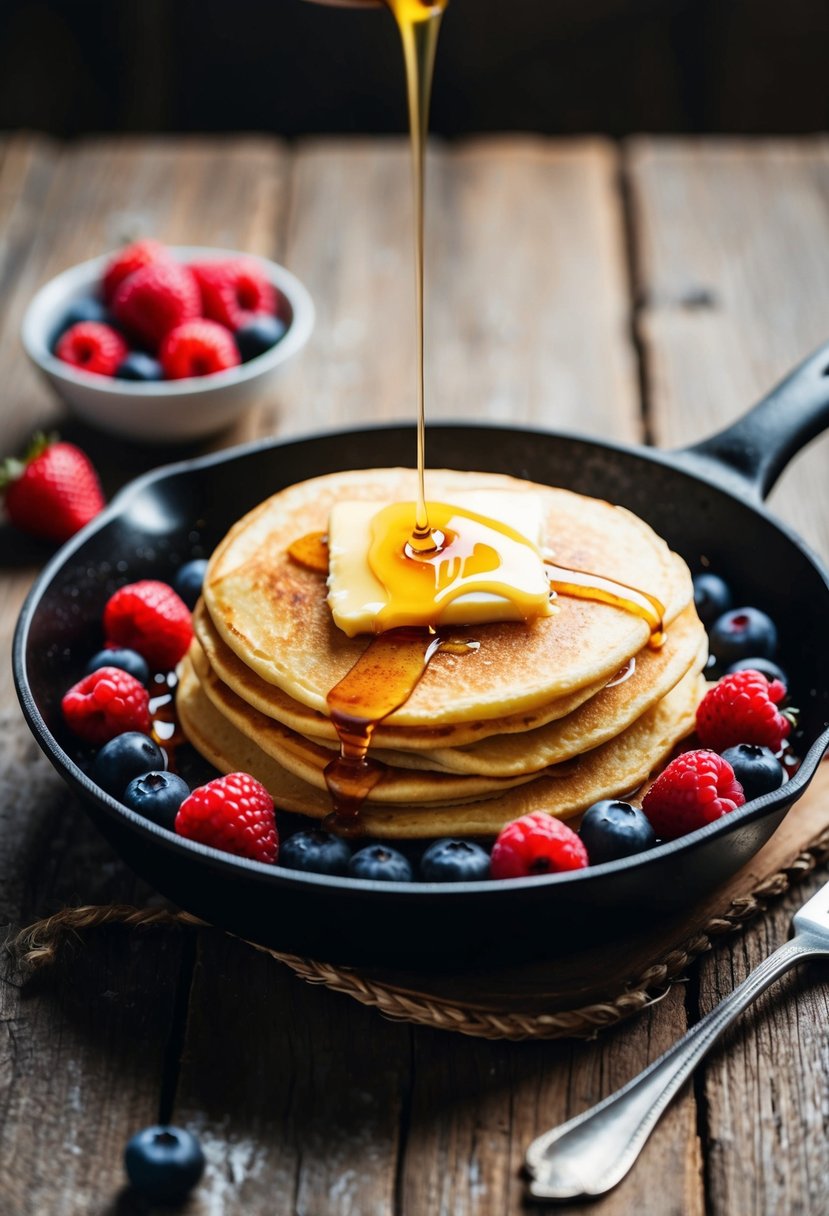 A sizzling skillet of golden pancakes, surrounded by fresh berries and drizzled with syrup, sits on a rustic wooden table. A pat of melting butter adds the finishing touch