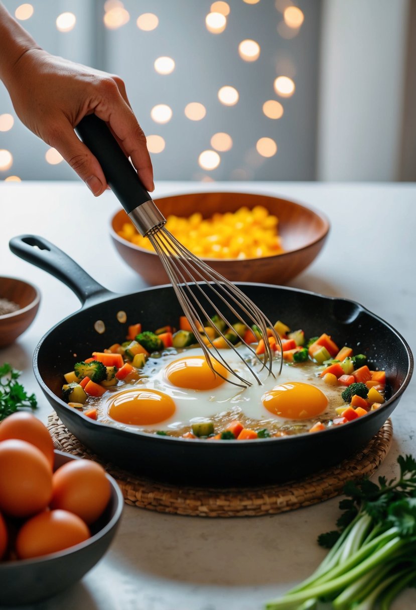 A skillet sizzling with colorful vegetables and eggs being whisked in a bowl