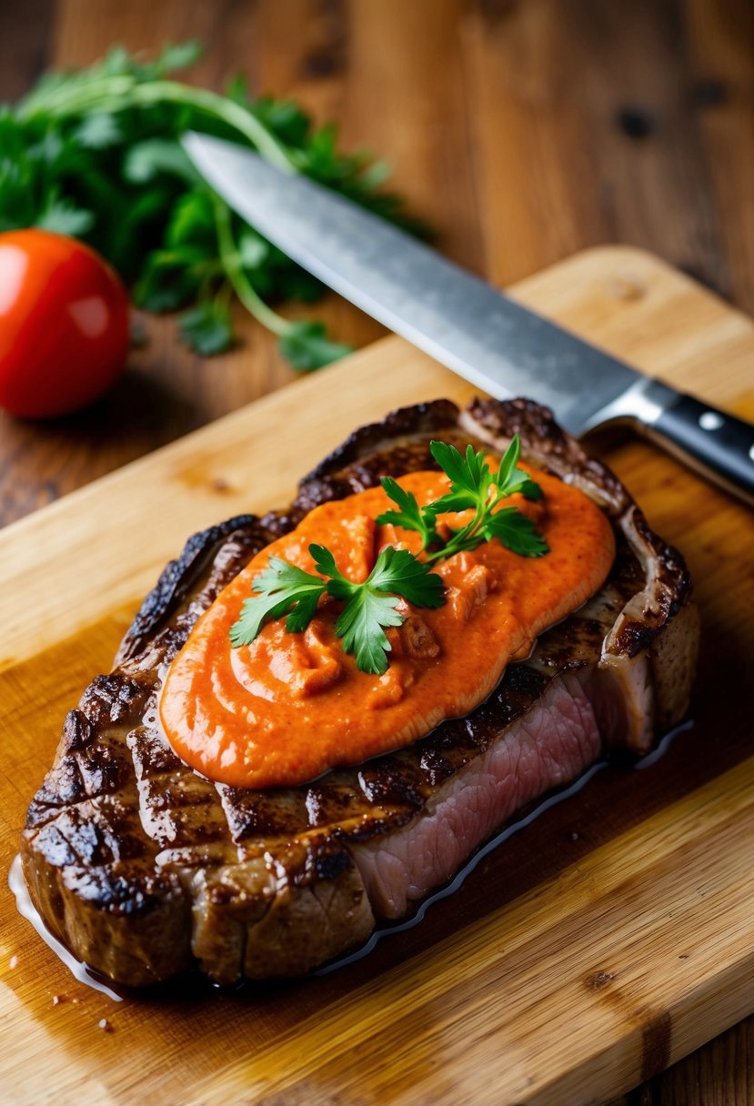 A sizzling hanger steak sits on a wooden cutting board, garnished with vibrant red romesco sauce and fresh herbs