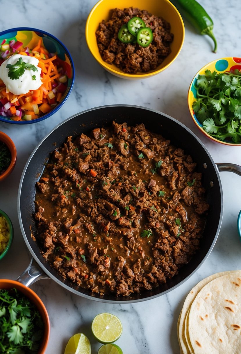 A sizzling skillet of ground beef, simmering with spices, surrounded by colorful bowls of fresh toppings and warm tortillas