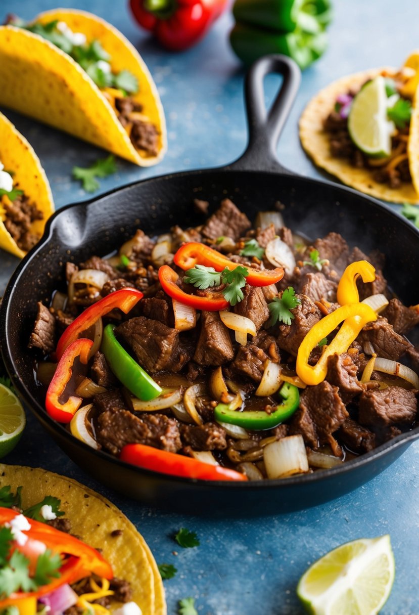 A sizzling skillet of beef, onions, and peppers, surrounded by colorful taco shells and an array of fresh toppings