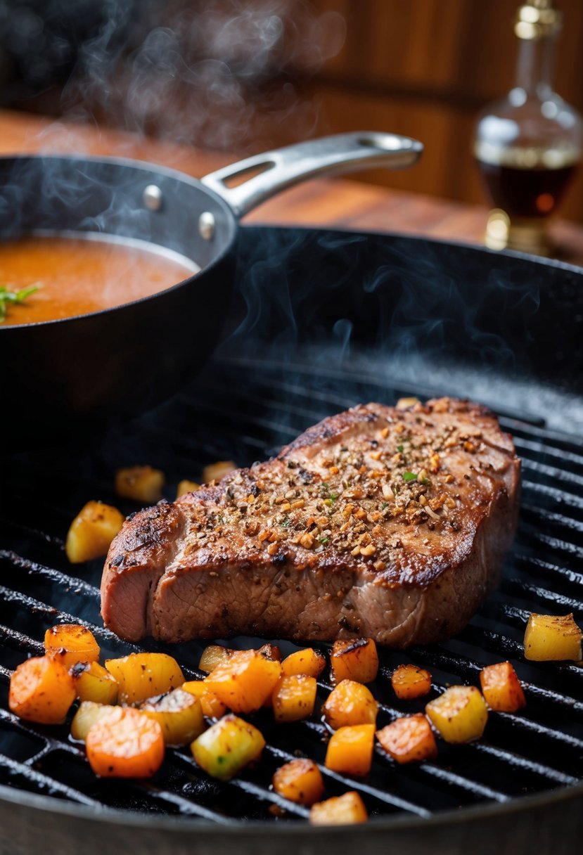 A sizzling peppercorn-crusted steak sizzling on a hot grill, with a rich cognac sauce simmering in a pan nearby