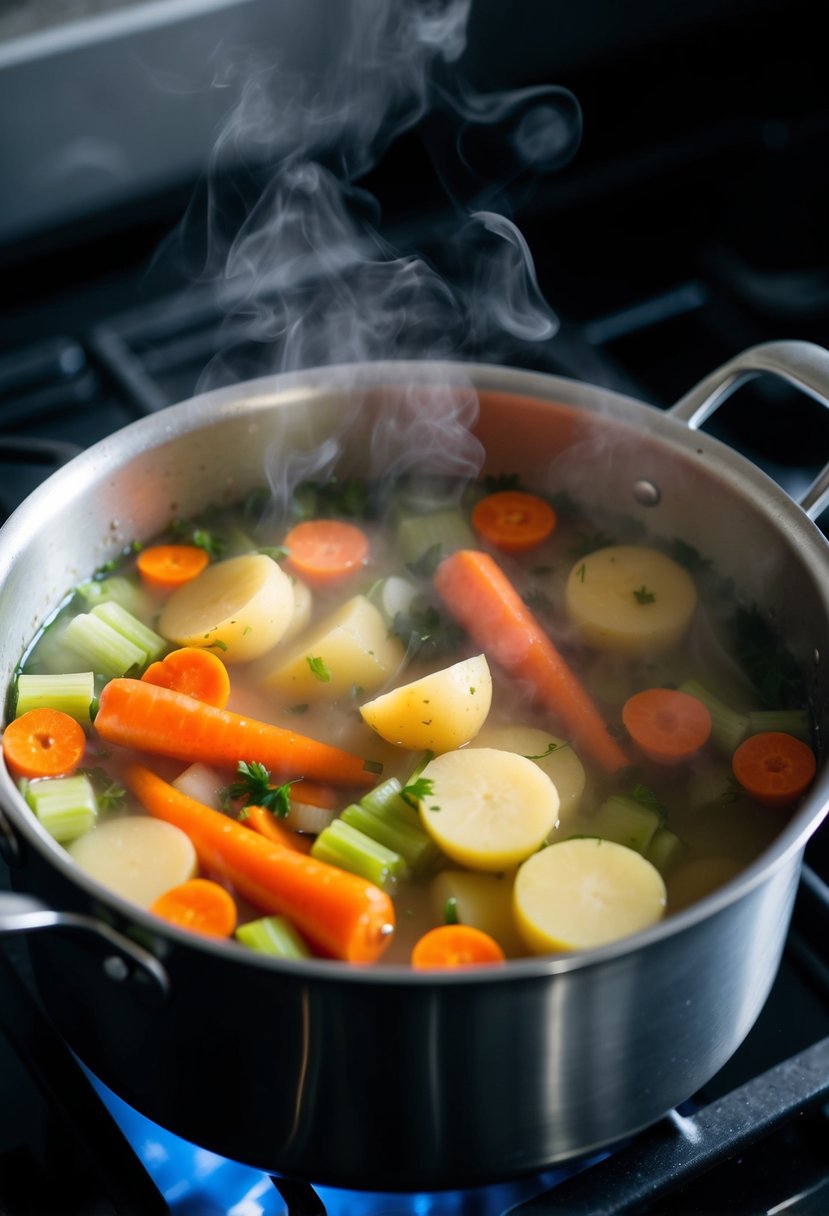 A pot of hearty vegetable soup simmers on a stovetop, steam rising as colorful ingredients like carrots, potatoes, and celery float in the savory broth