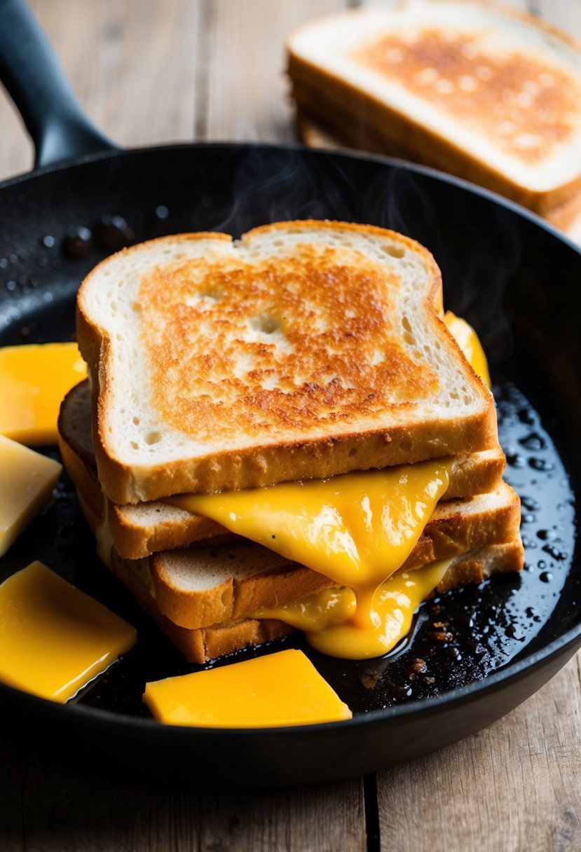 A golden-brown grilled cheese sandwich sizzling on a hot skillet, surrounded by melting cheese and buttery bread