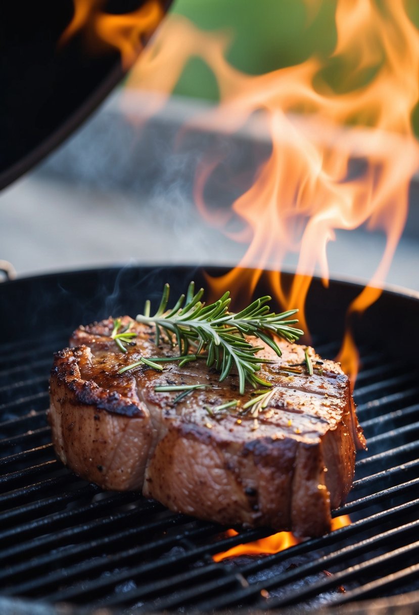 A sizzling tri-tip roast, garnished with fresh rosemary, cooks on a hot grill. The aroma of the juicy steak fills the air