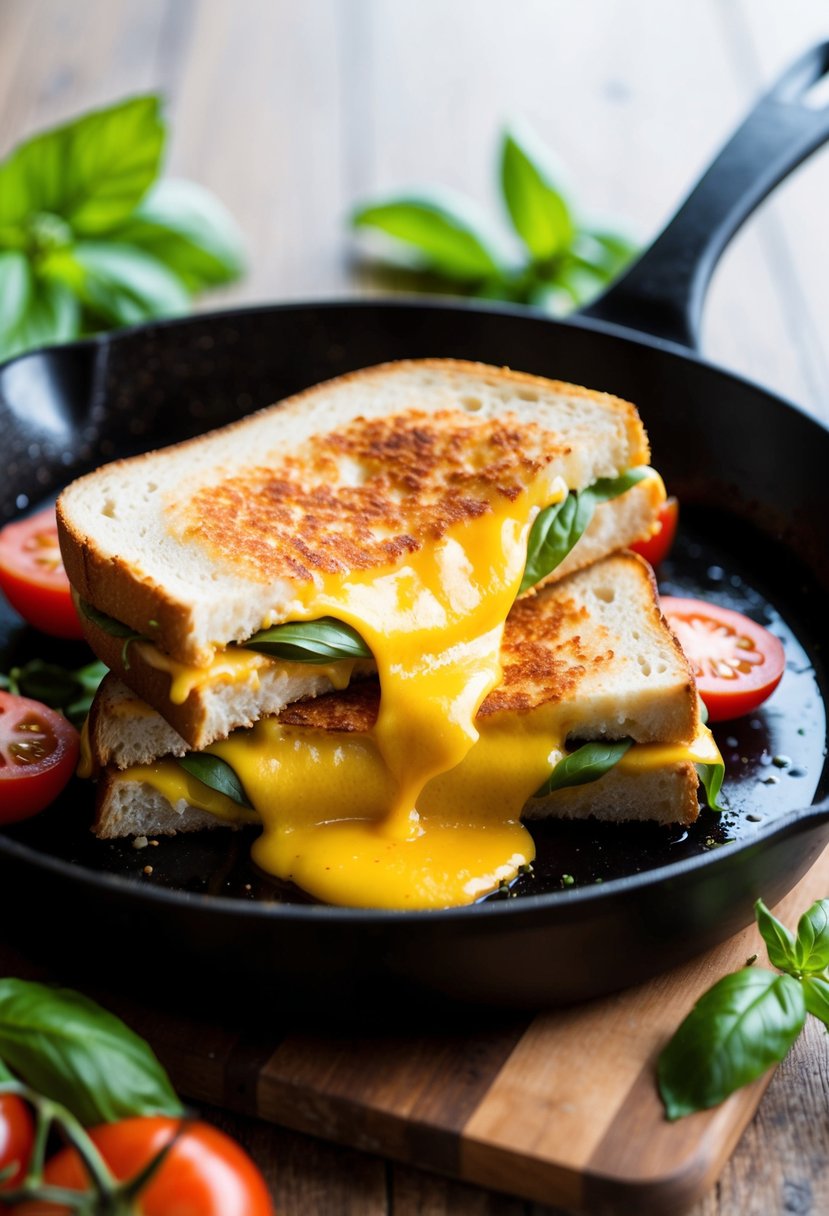 A sizzling skillet holds a melty grilled cheese sandwich with golden-brown bread and oozing cheese, surrounded by fresh ingredients like tomatoes and basil