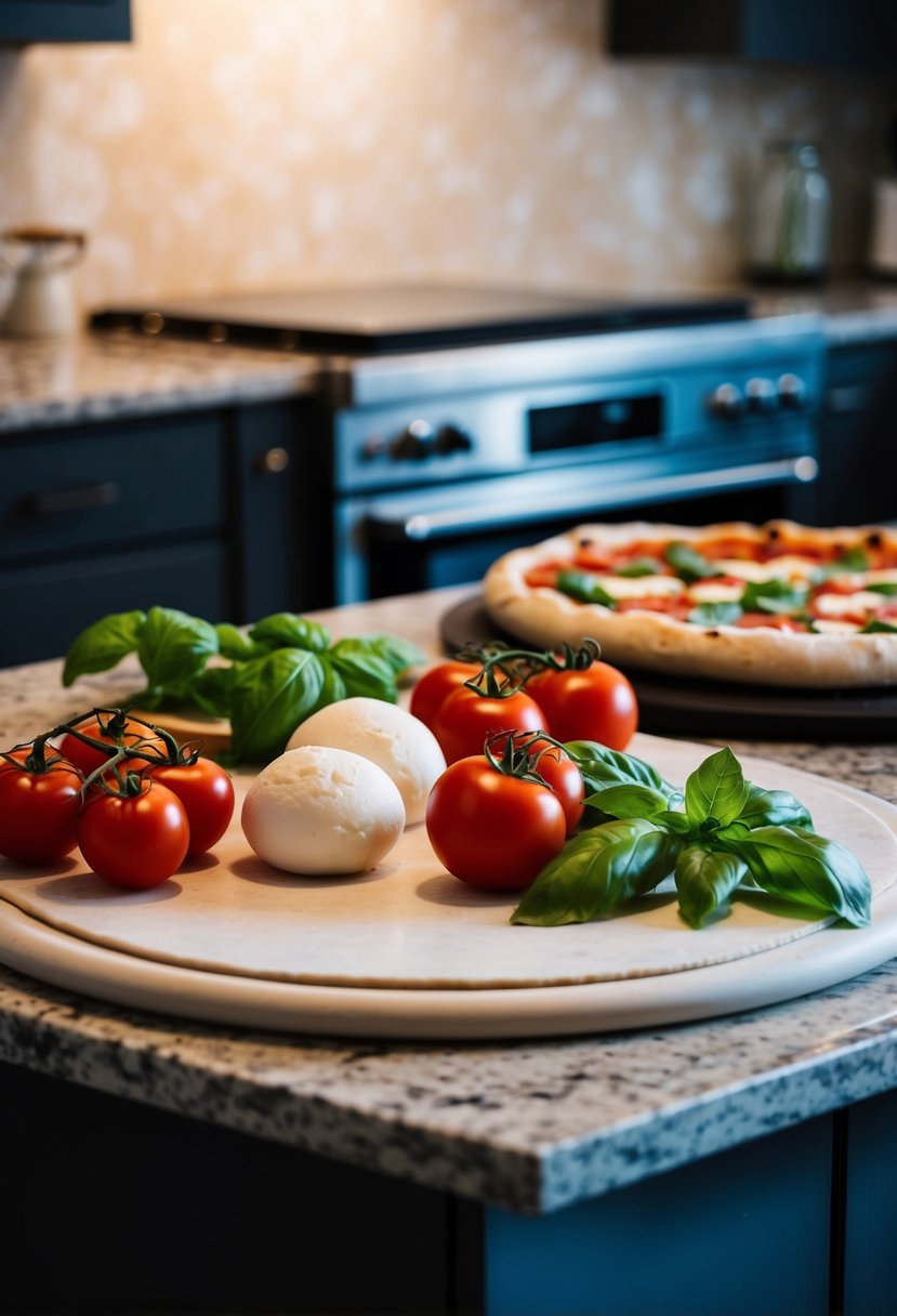 A kitchen counter with ingredients for margarita pizza: tomatoes, basil, mozzarella, and dough. A pizza stone and oven in the background