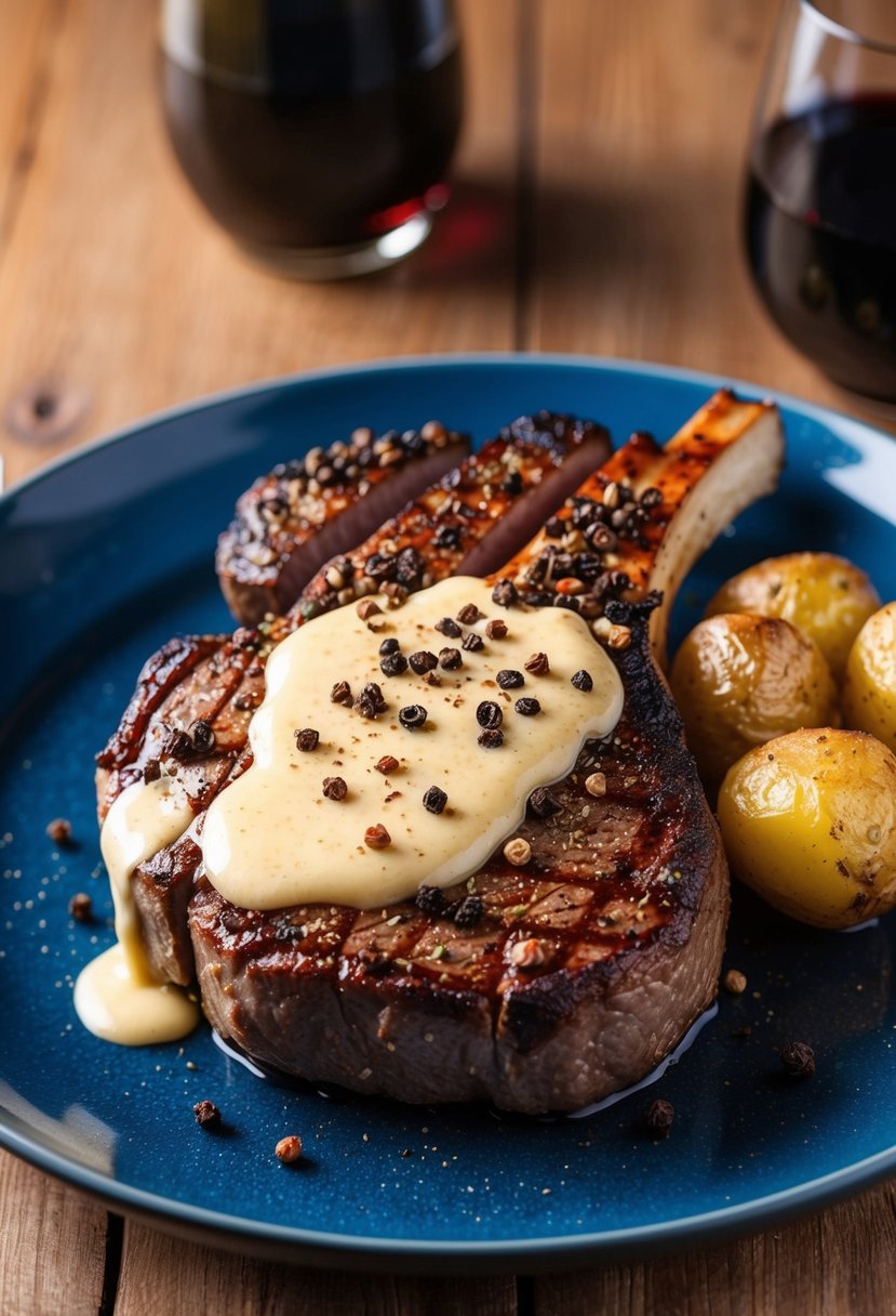 A sizzling steak covered in peppercorns, with a rich and creamy sauce drizzled over the top, accompanied by a side of roasted potatoes and a glass of red wine