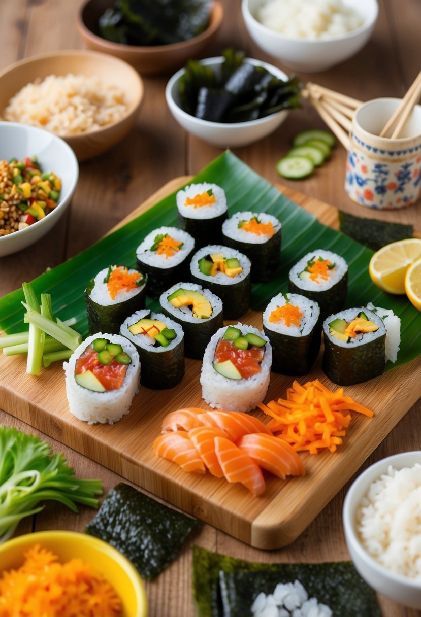 Fresh ingredients arranged on a wooden cutting board, surrounded by sushi rolling mats, rice, nori seaweed, and various fillings