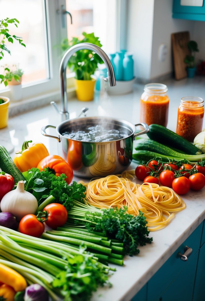 A colorful array of fresh vegetables and pasta arranged on a clean kitchen counter, with a pot of boiling water and a jar of homemade sauce nearby