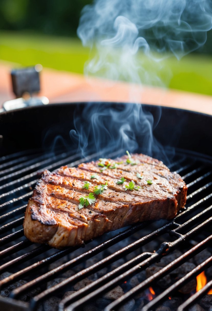 A sizzling Cajun grilled flank steak on a hot barbecue grill, with smoke rising and grill marks visible on the meat