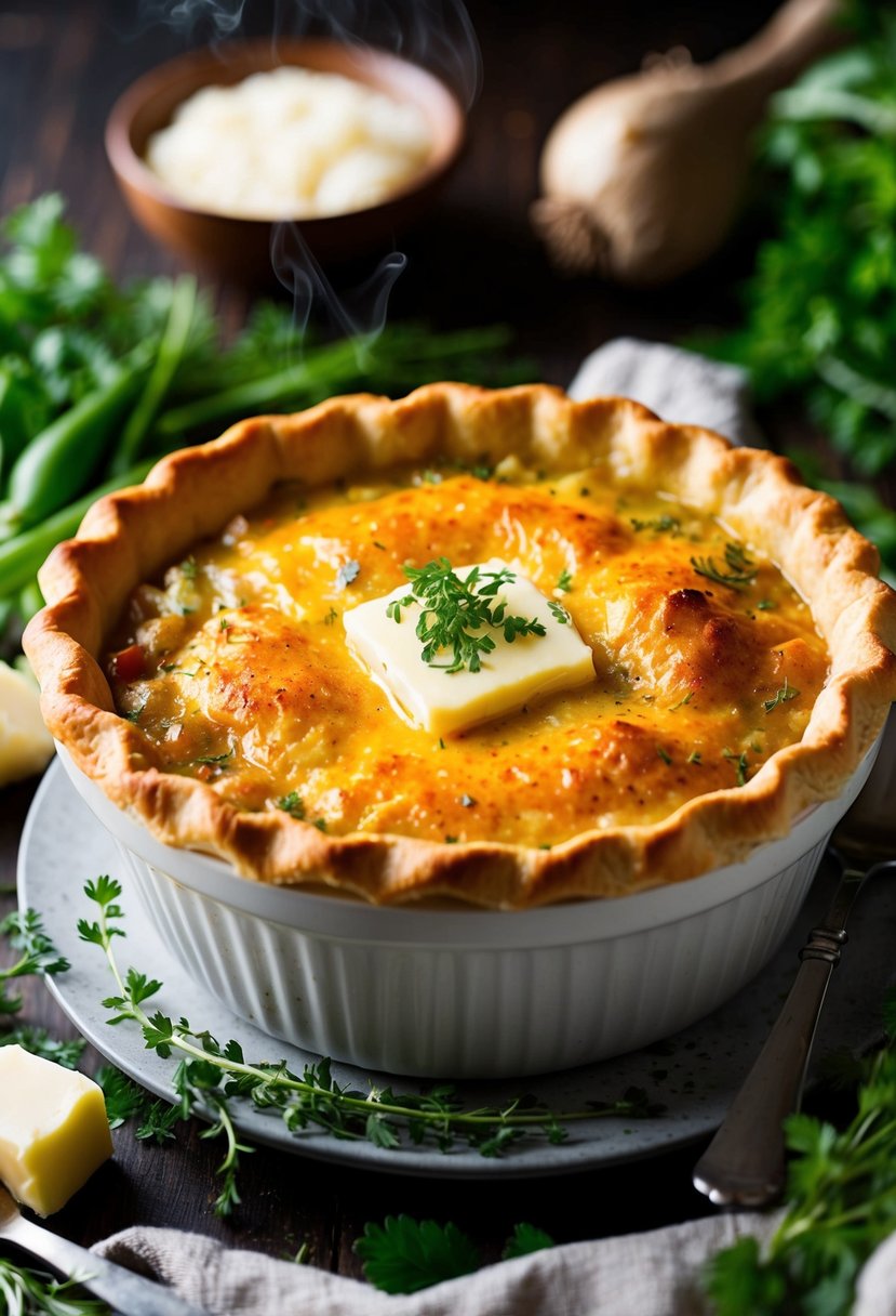 A steaming chicken pot pie fresh from the oven, golden crust glistening with melted butter, surrounded by fresh herbs and vegetables