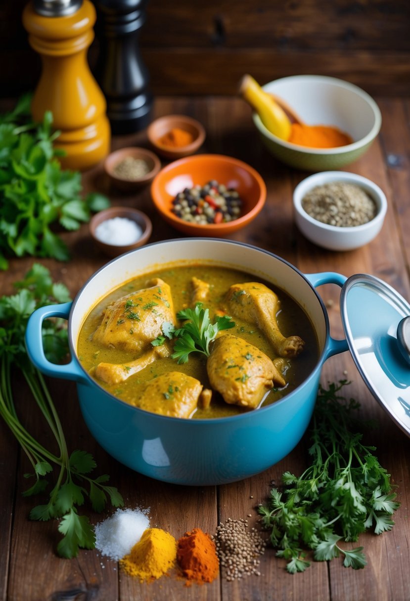 A pot simmering with chicken curry, surrounded by colorful spices and fresh herbs on a wooden kitchen counter