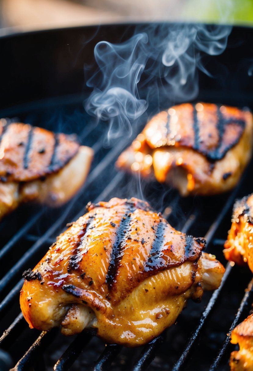 Chicken thighs sizzling on a hot grill, with charred grill marks and a golden-brown color. The smoke rising from the meat adds to the mouthwatering aroma