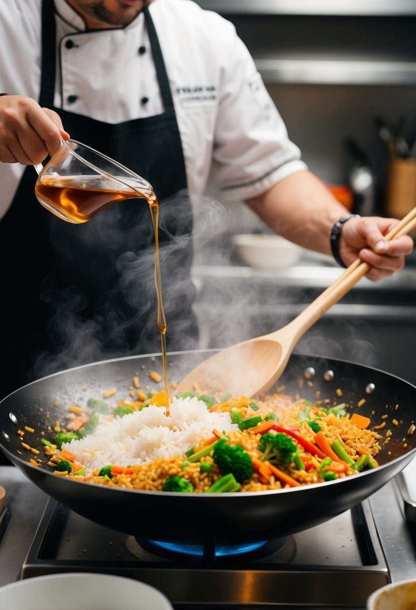 A wok sizzles with colorful veggies and rice, steam rising, as a chef adds soy sauce and tosses the ingredients together