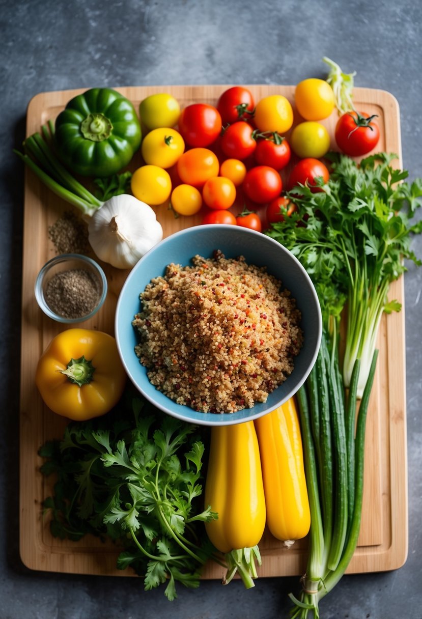 A colorful array of fresh vegetables, cooked quinoa, and a variety of savory herbs and spices arranged on a wooden cutting board, ready to be mixed together in a bowl