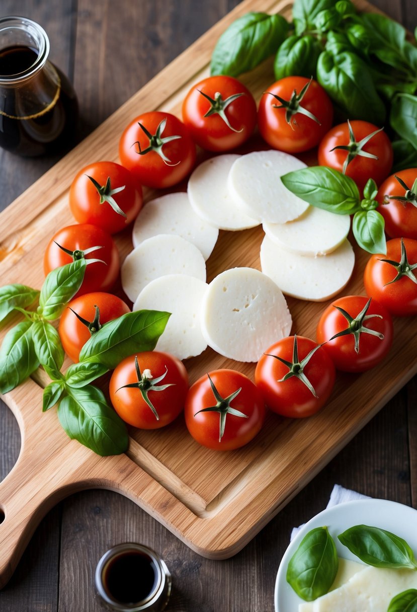 A wooden cutting board with fresh tomatoes, mozzarella cheese, and basil leaves arranged in a circular pattern. A bottle of balsamic glaze sits nearby