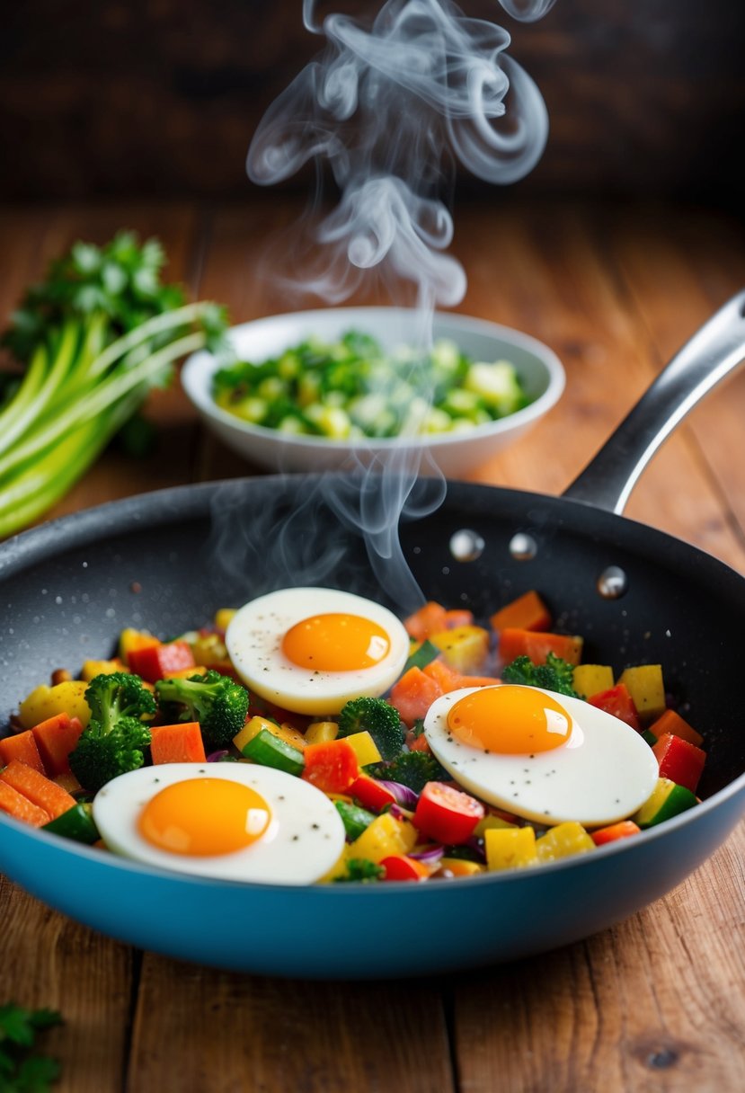 A sizzling pan with colorful vegetables and eggs cooking, steam rising