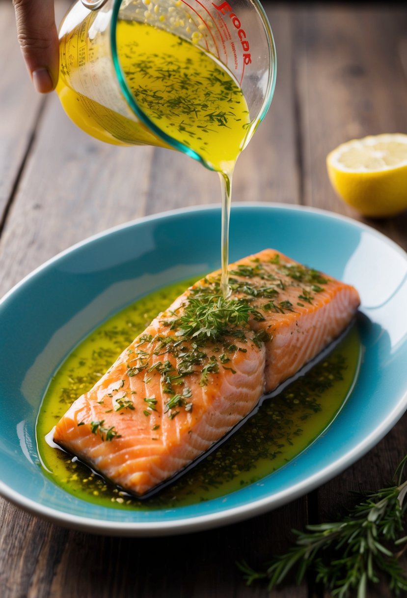 A fresh salmon fillet being marinated in a mixture of lemon juice, herbs, and olive oil, ready to be grilled or baked