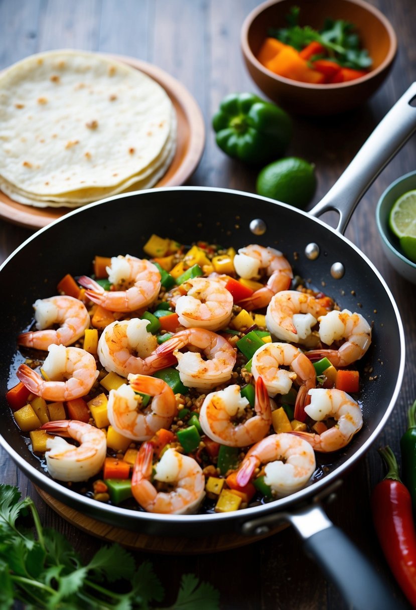 Fresh shrimp sizzling in a pan with colorful vegetables and spices, tortillas warming on the side