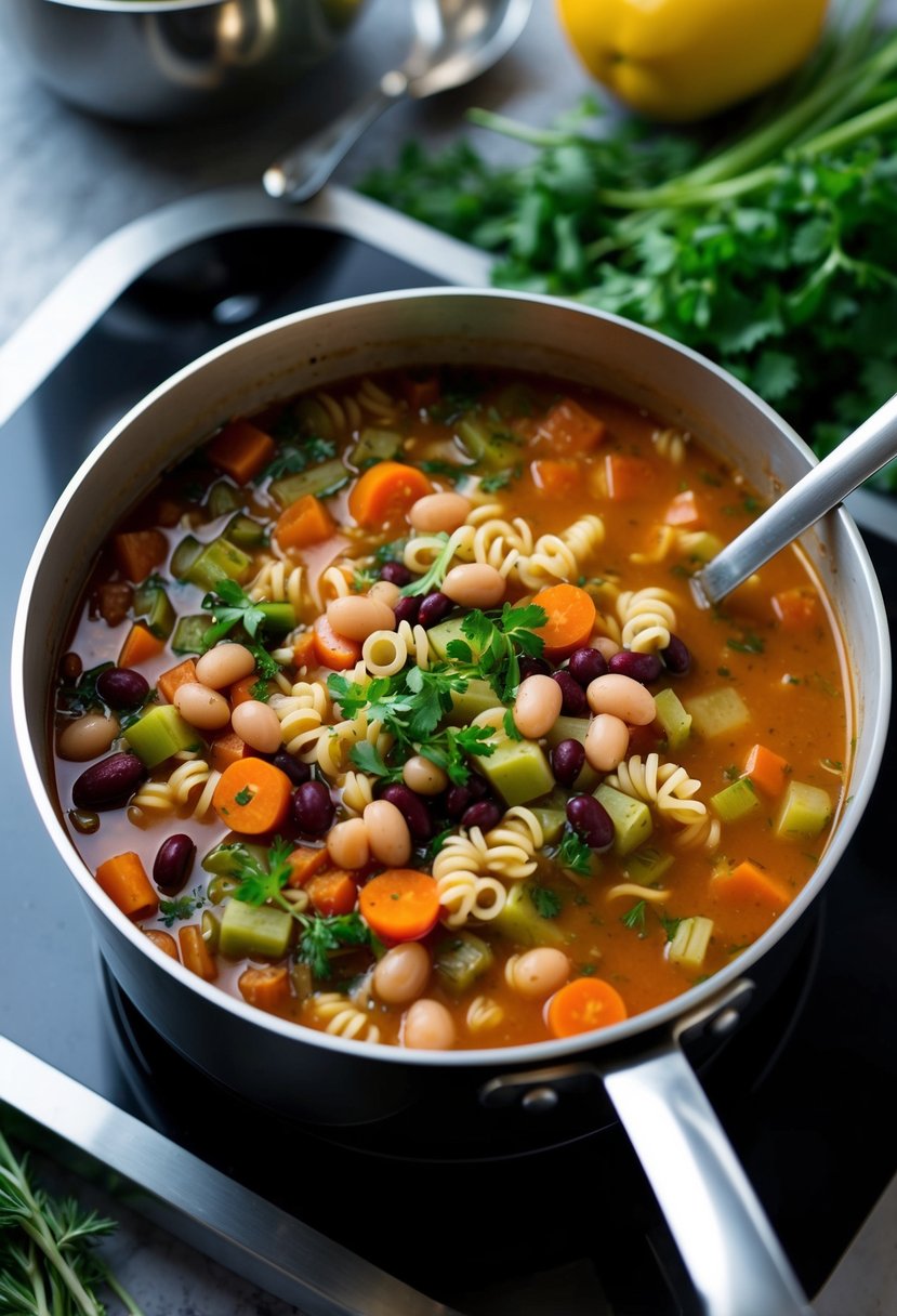 A pot of minestrone soup simmers on a stovetop, filled with colorful vegetables, beans, and pasta, surrounded by fresh herbs and a ladle