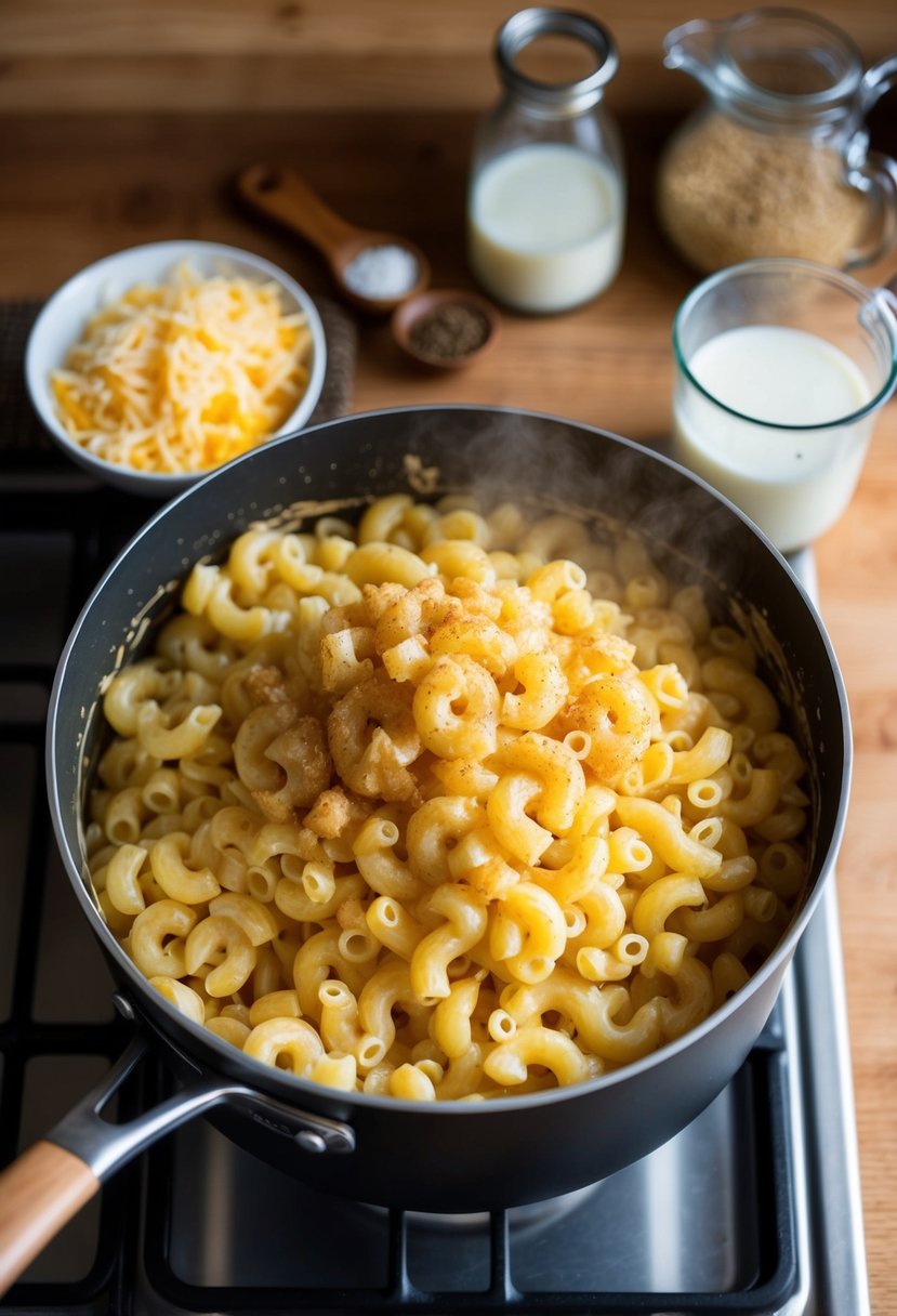 A pot of bubbling macaroni on a stovetop, surrounded by cheese, milk, and spices on a cozy kitchen counter