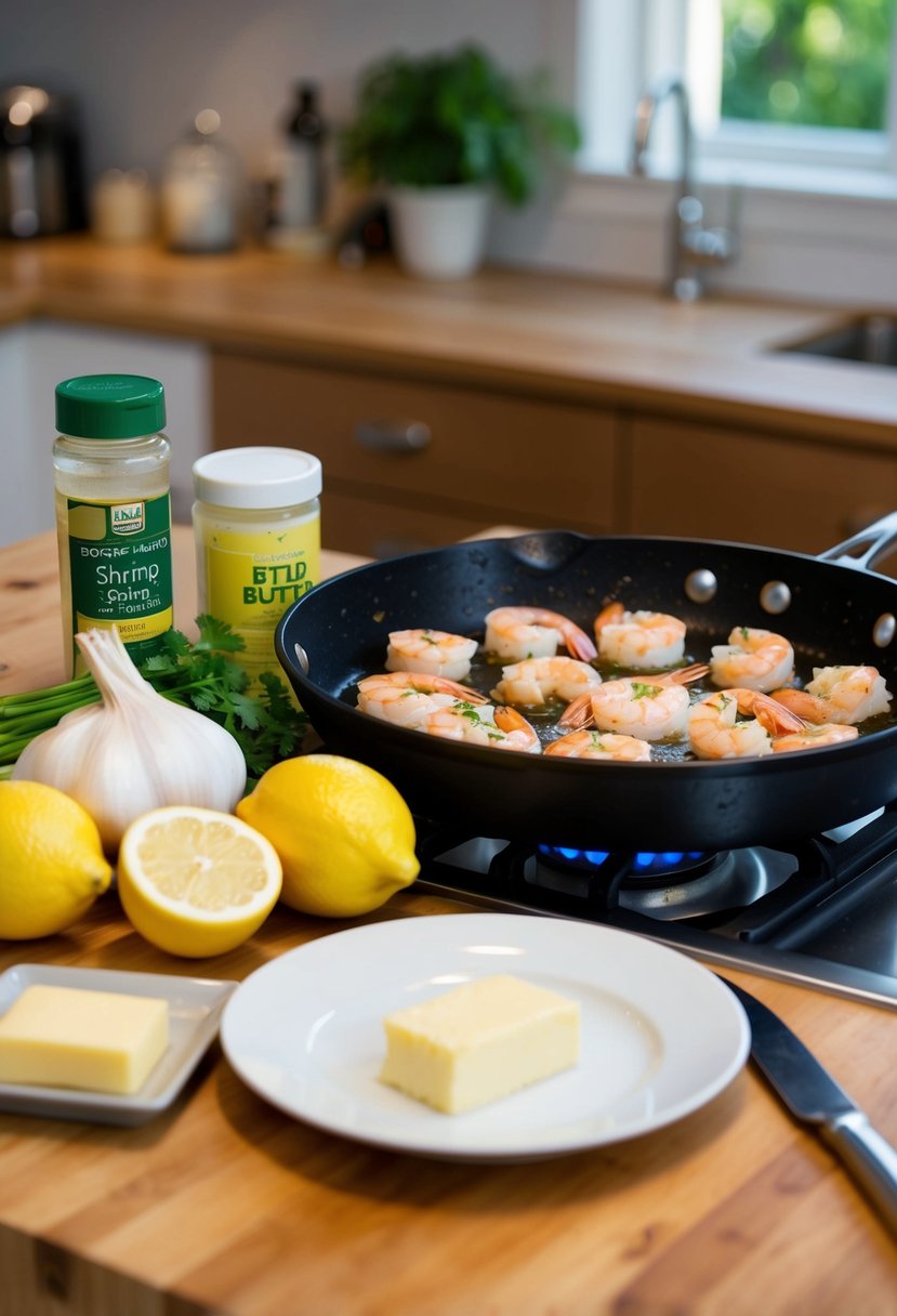 A kitchen counter with ingredients (shrimp, garlic, butter, lemon) and a skillet sizzling with shrimp scampi