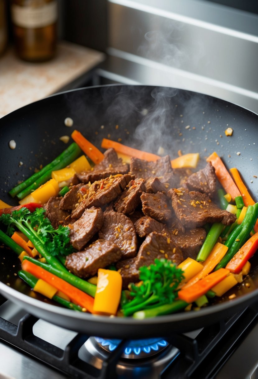 Sizzling beef, colorful vegetables, and aromatic spices stir-frying in a hot wok on a stovetop