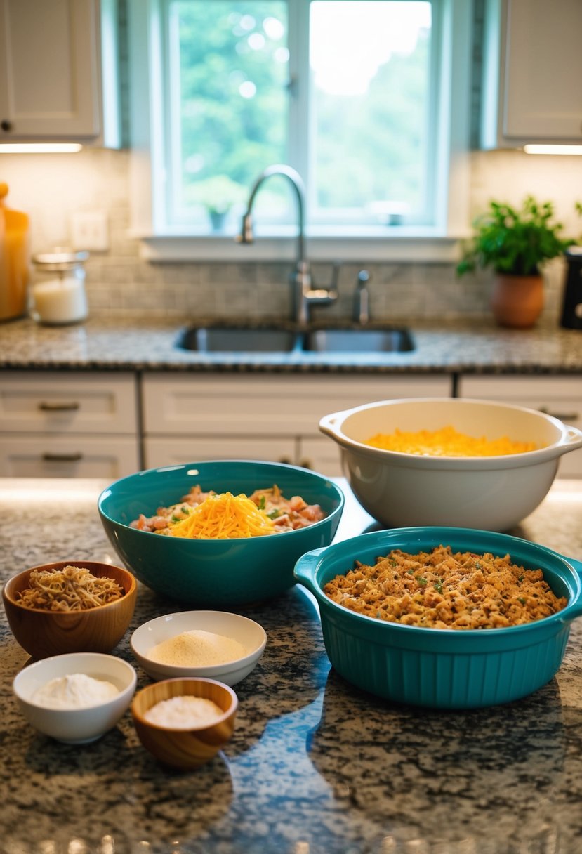 A kitchen counter with ingredients for tuna casserole laid out, a mixing bowl, and a baking dish ready for preparation