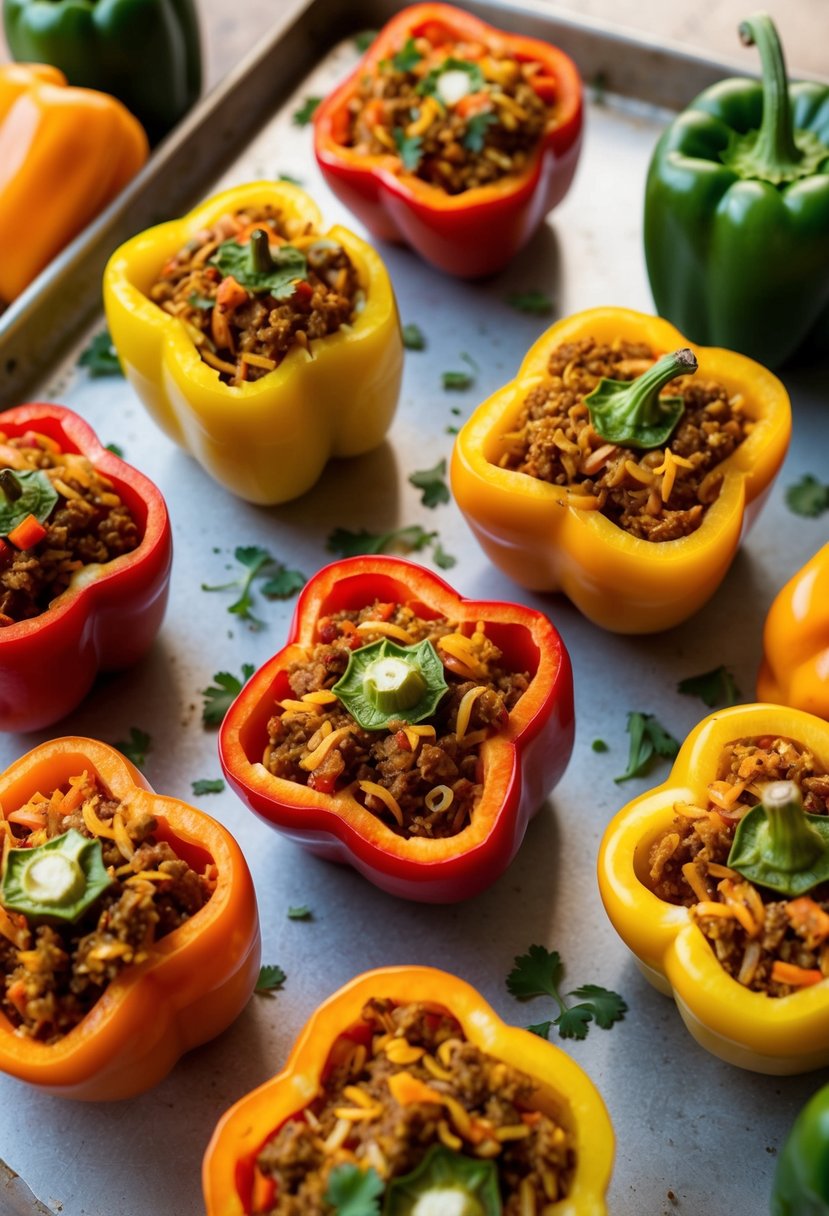 A colorful array of bell peppers, filled with a savory mixture of rice, ground meat, and spices, arranged on a baking sheet