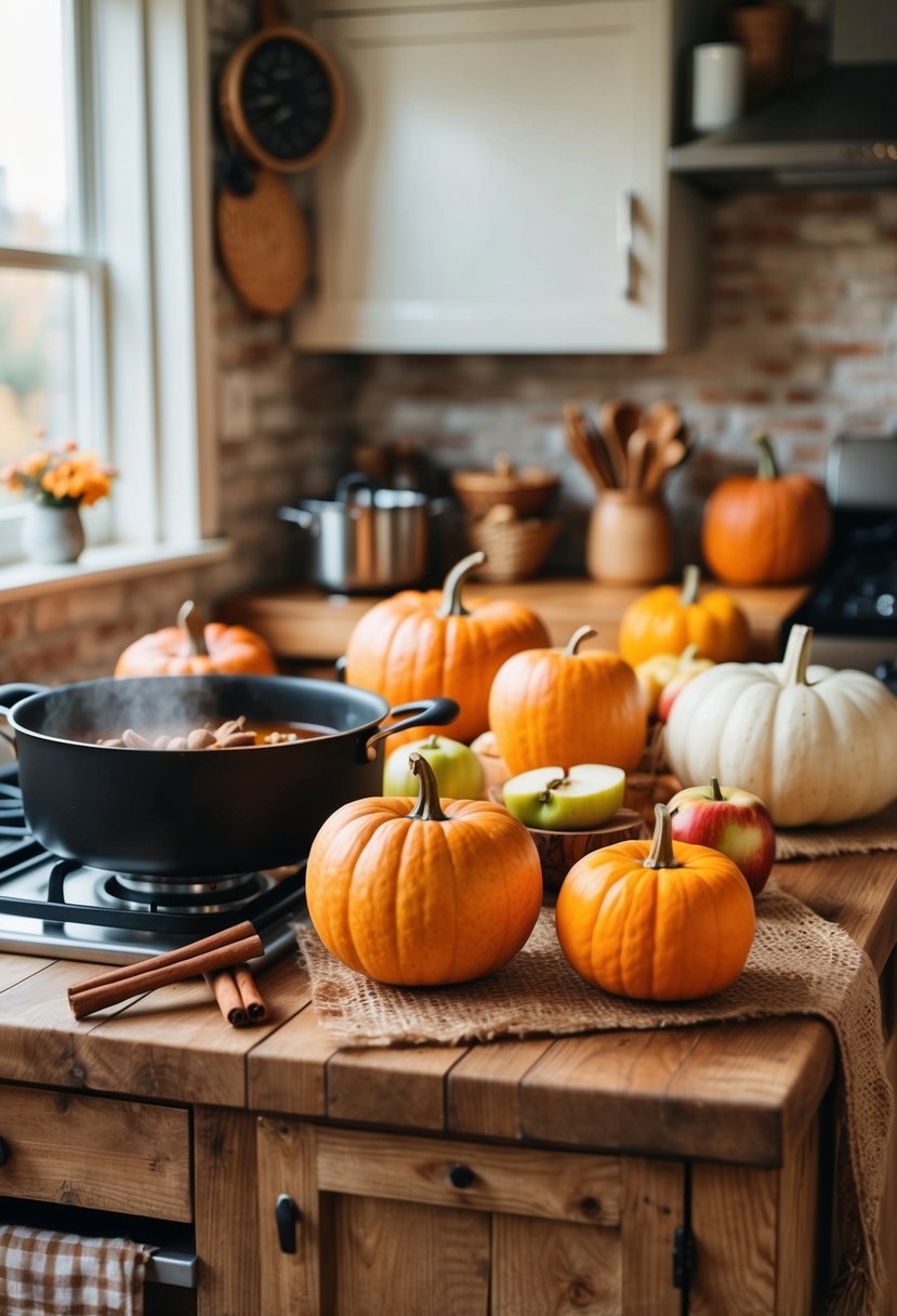 A cozy kitchen with a rustic wooden table adorned with pumpkins, apples, cinnamon sticks, and other autumn ingredients. A pot simmers on the stove