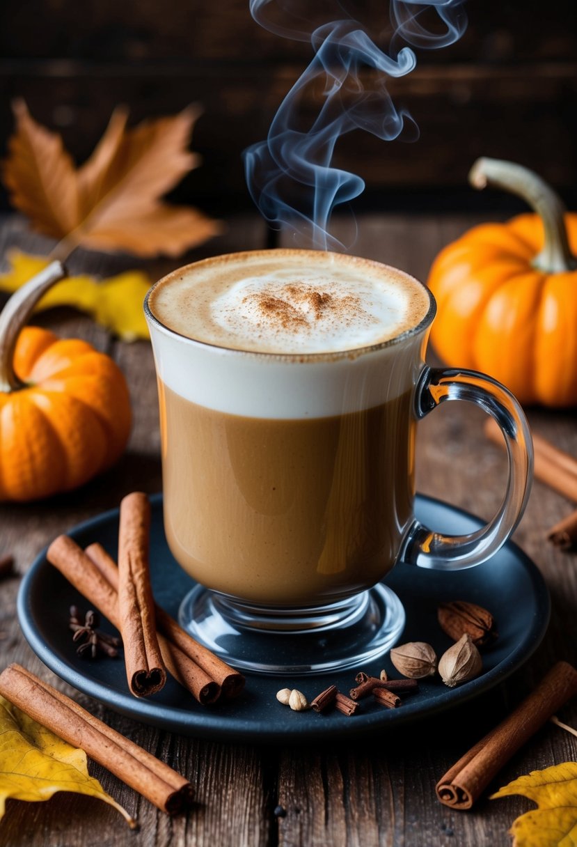 A steaming mug of Pumpkin Spice Latte surrounded by cinnamon sticks, nutmeg, and cloves on a rustic wooden table with fallen leaves in the background