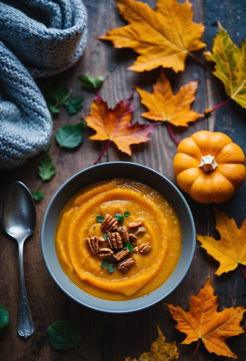 A steaming bowl of butternut squash soup surrounded by fall leaves and a cozy scarf