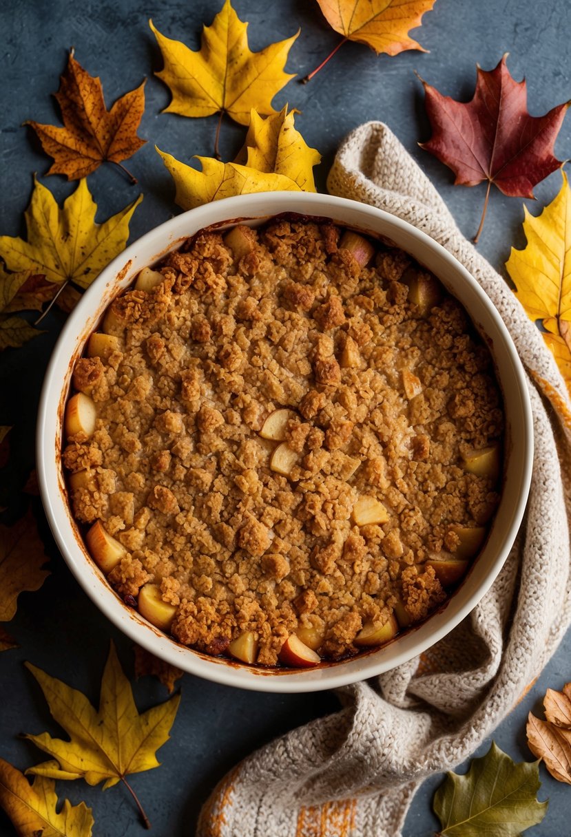 A warm apple crisp dessert fresh from the oven, surrounded by fallen autumn leaves and a cozy scarf