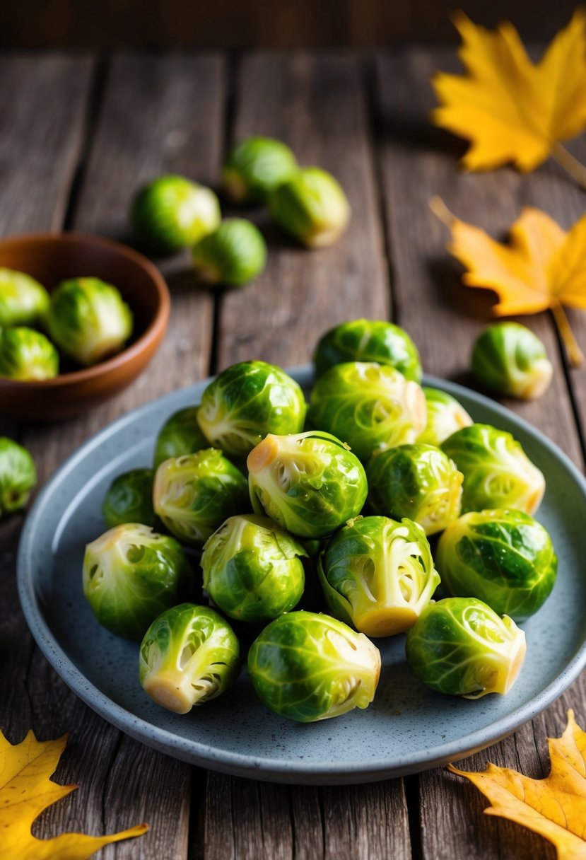 Brussels sprouts coated in maple glaze, arranged on a rustic wooden table with autumn leaves scattered around